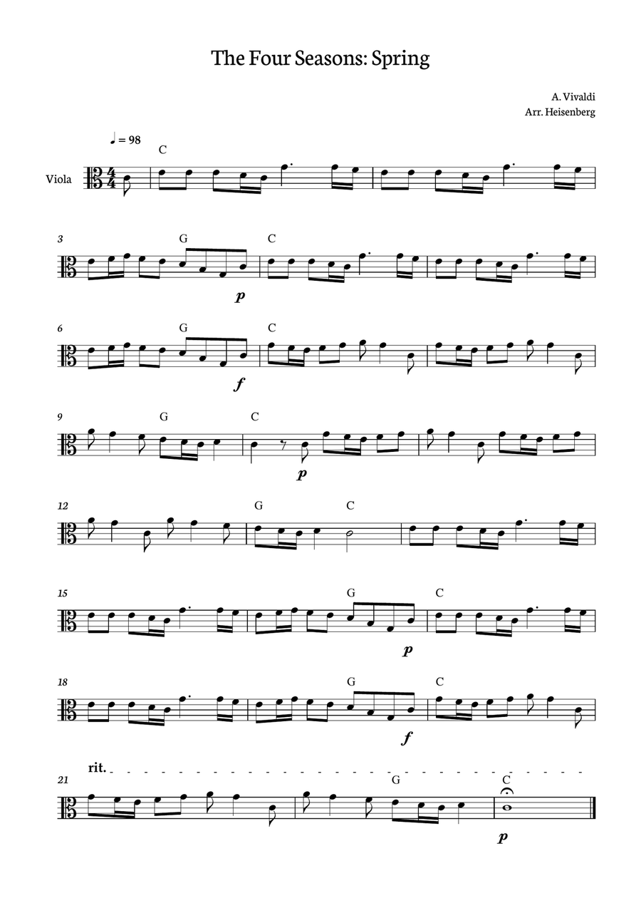 Spring - Four Seasons Vivaldi - Viola with chords Viola Solo scores gallery preview page 1