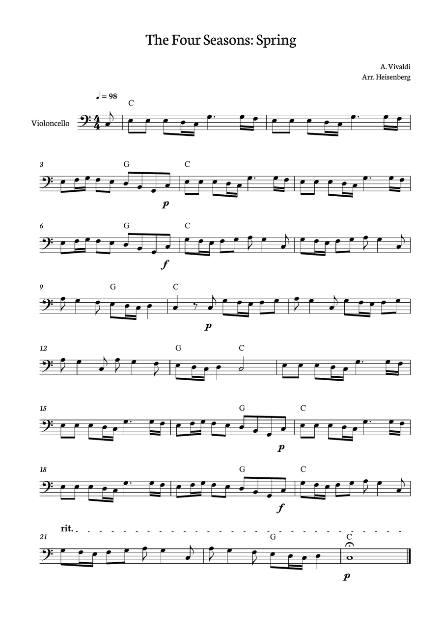 Spring - Four Seasons Vivaldi - Cello with chords Cello Solo scores gallery preview page 1