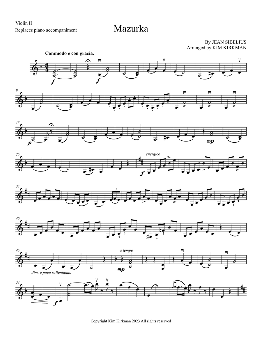 Sibelius Mazurka Op 81 No 1 arranged for two violins String Duet scores gallery preview page 1