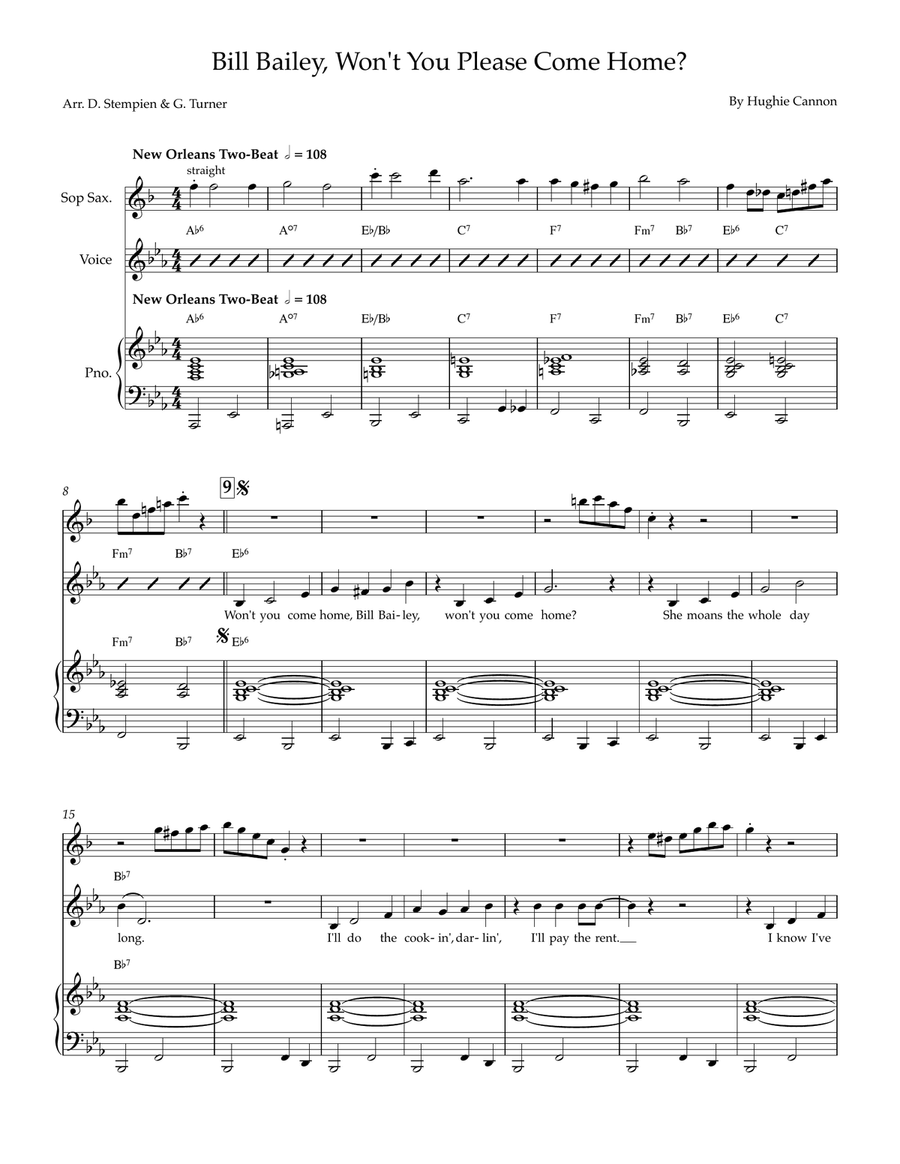 Bill Bailey, Won't You Please Come Home (with Soprano Sax & Piano, 2 or 3 players) Small Ensemble scores gallery preview page 1