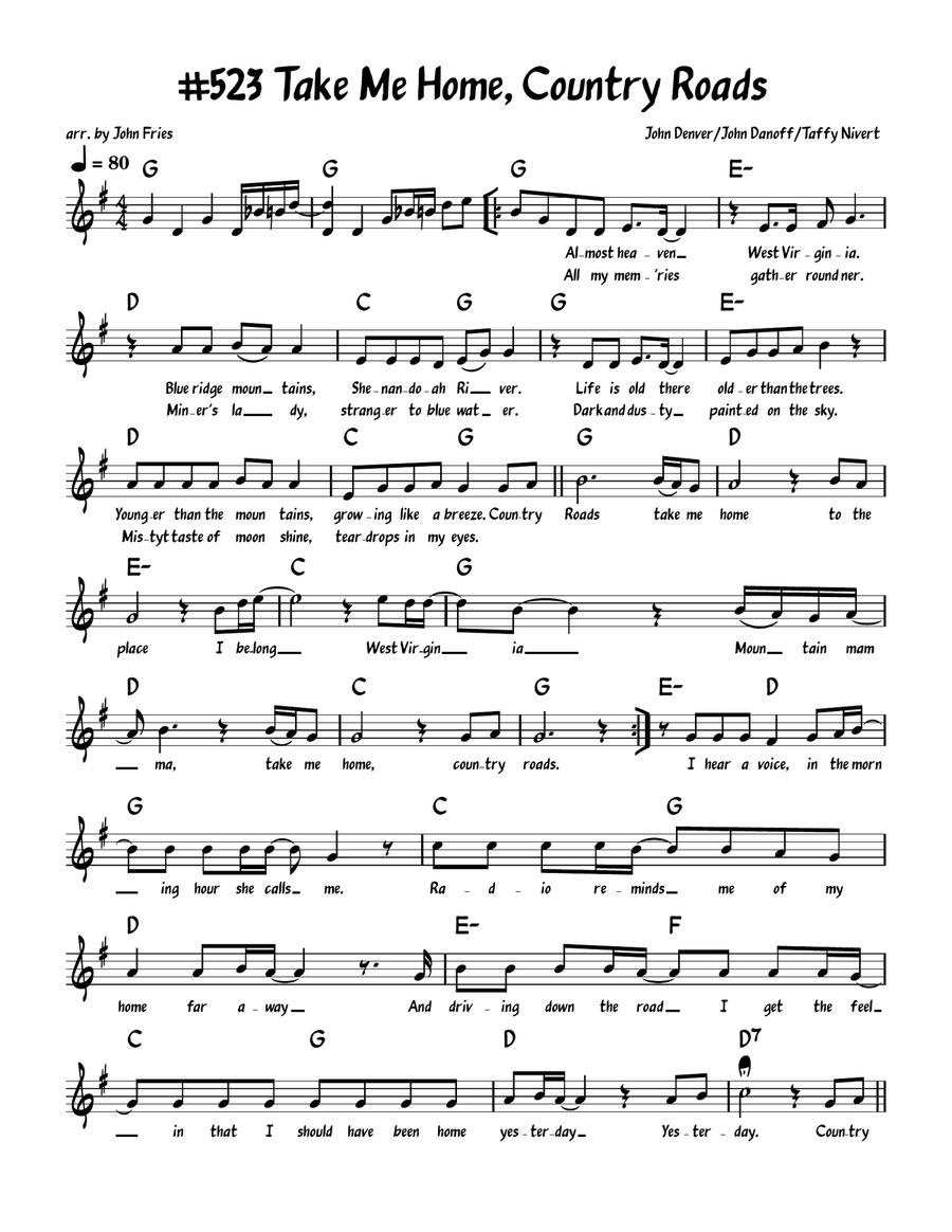 Take Me Home, Country Roads Piano, Vocal scores gallery preview page 1