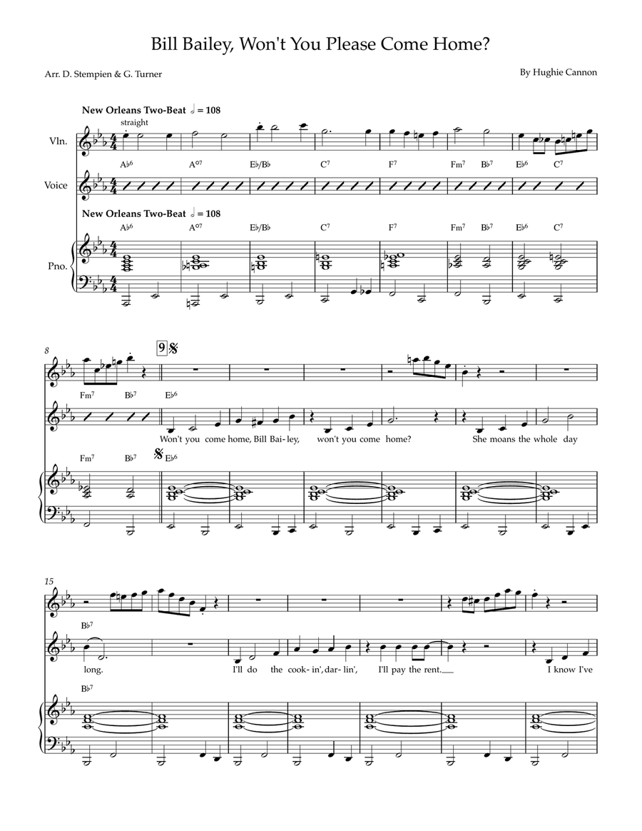 Bill Bailey, Won't You Please Come Home (with Violin & Piano, 2 or 3 players) Small Ensemble scores gallery preview page 1