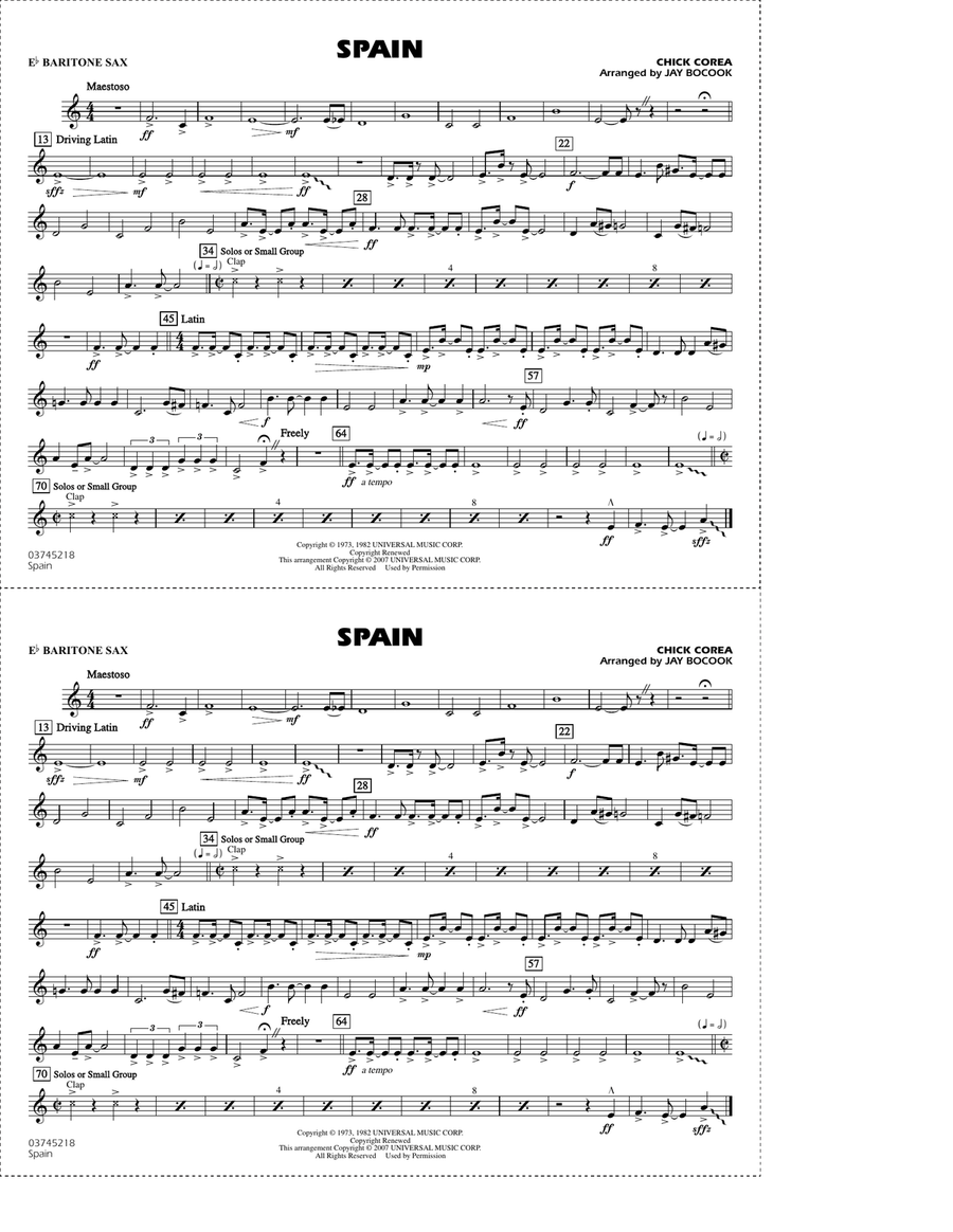 Spain (arr. Jay Bocook) - Eb Baritone Sax Marching Band scores gallery preview page 1