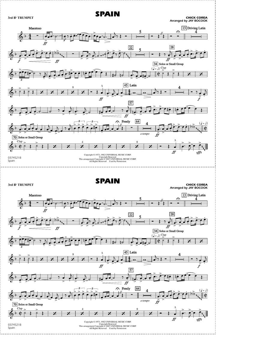 Spain (arr. Jay Bocook) - 3rd Bb Trumpet Marching Band scores gallery preview page 1