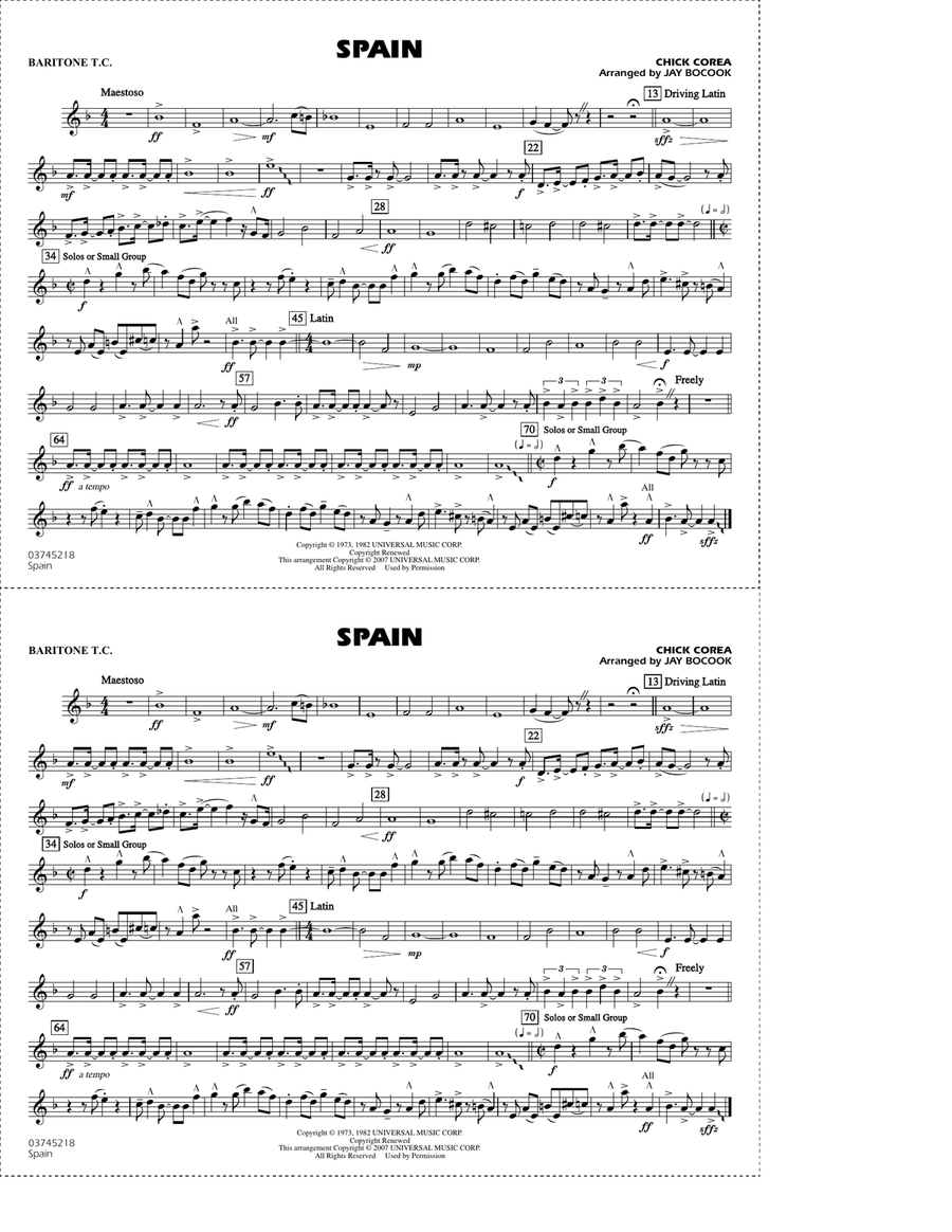 Spain (arr. Jay Bocook) - Baritone T.C. Marching Band scores gallery preview page 1