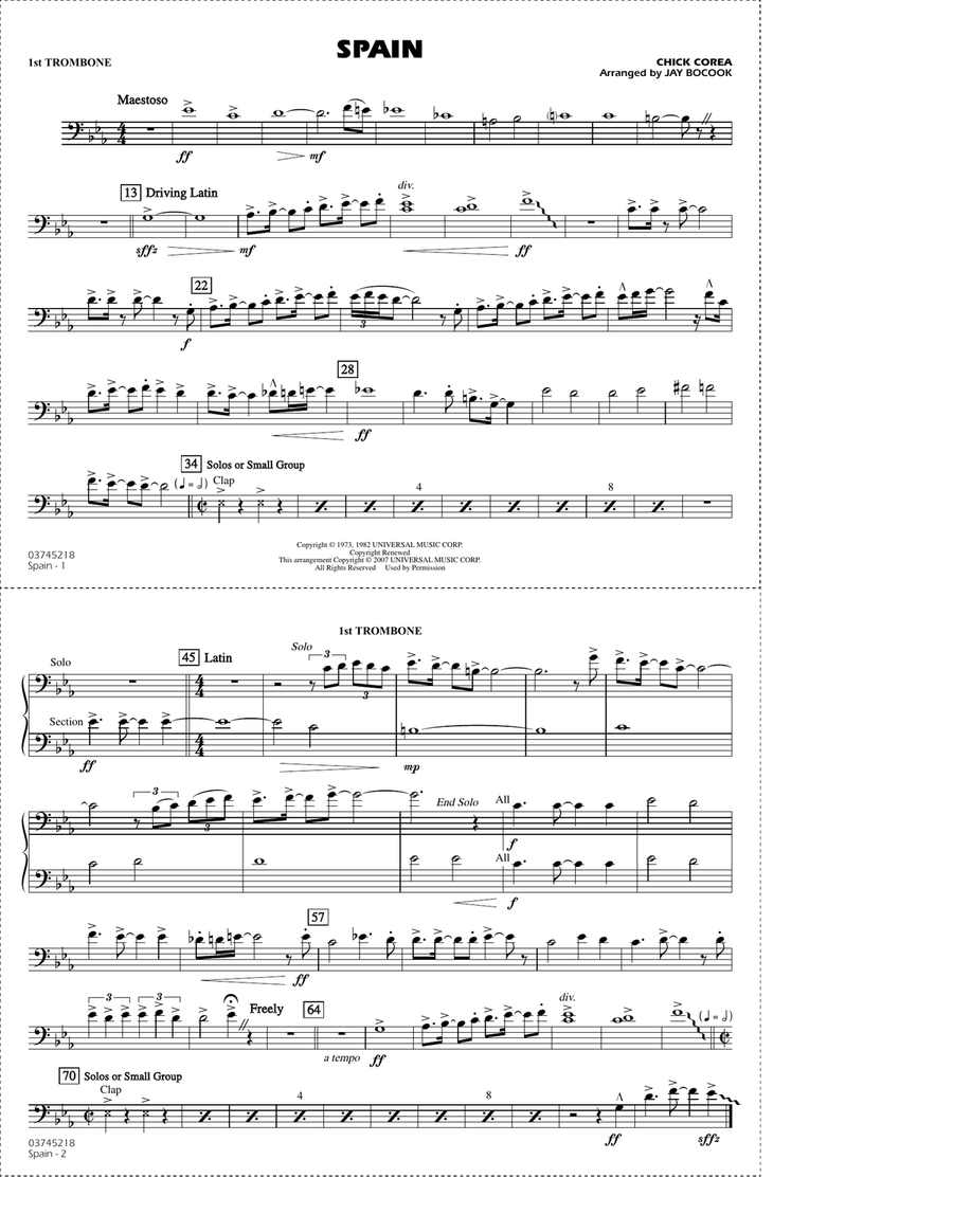Spain (arr. Jay Bocook) - 1st Trombone Marching Band scores gallery preview page 1