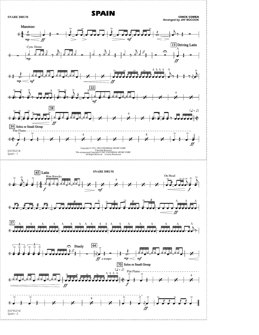 Spain (arr. Jay Bocook) - Snare Drum Marching Band scores gallery preview page 1