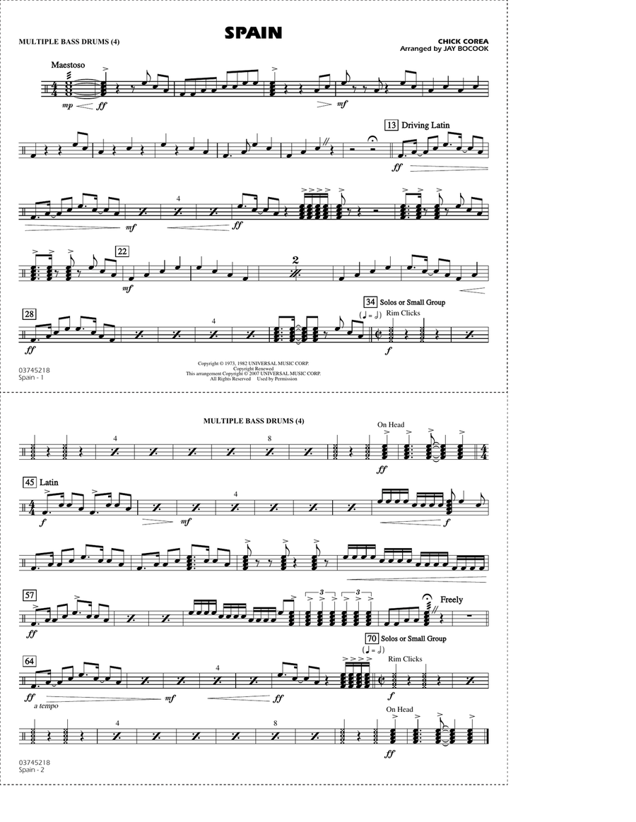 Spain (arr. Jay Bocook) - Multiple Bass Drums Marching Band scores gallery preview page 1