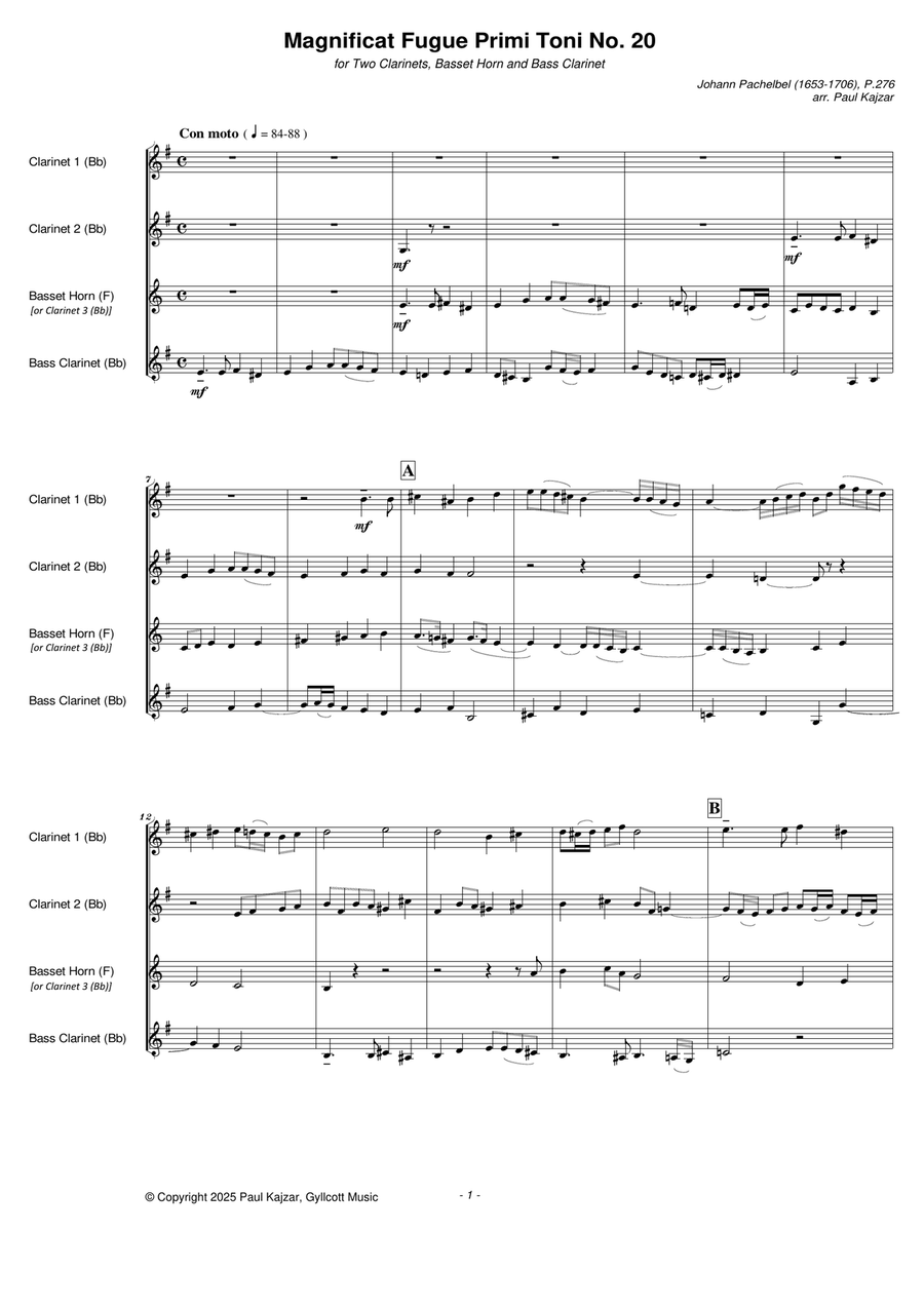 Magnificat Fugue Primi Toni No. 20 (Two Clarinets, Basset Horn and Bass Clarinet) Woodwind Quartet scores gallery preview page 3