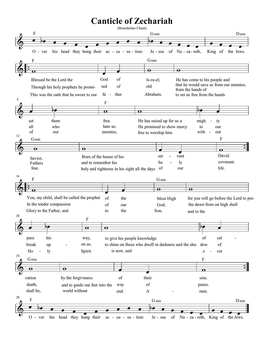 Canticle of Zechariah (Benedictine Chant) A Cappella scores gallery preview page 1