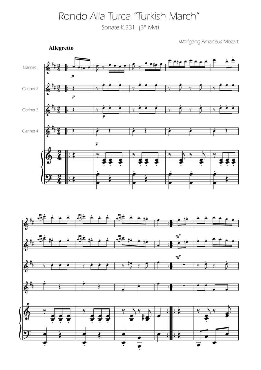 Turkish March - Clarinet Quartet Clarinet Quartet scores gallery preview page 1