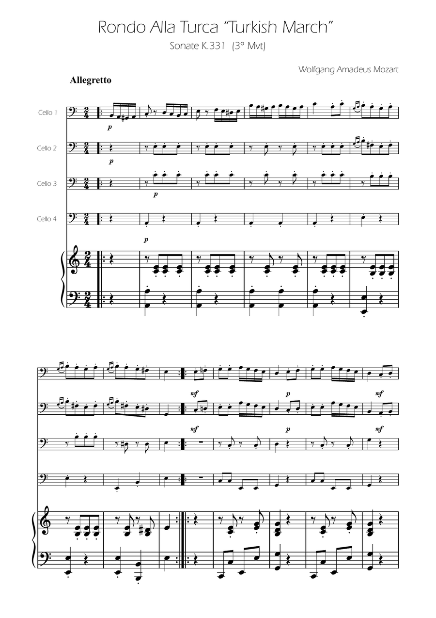 Turkish March - Cello Quartet String Quartet scores gallery preview page 1
