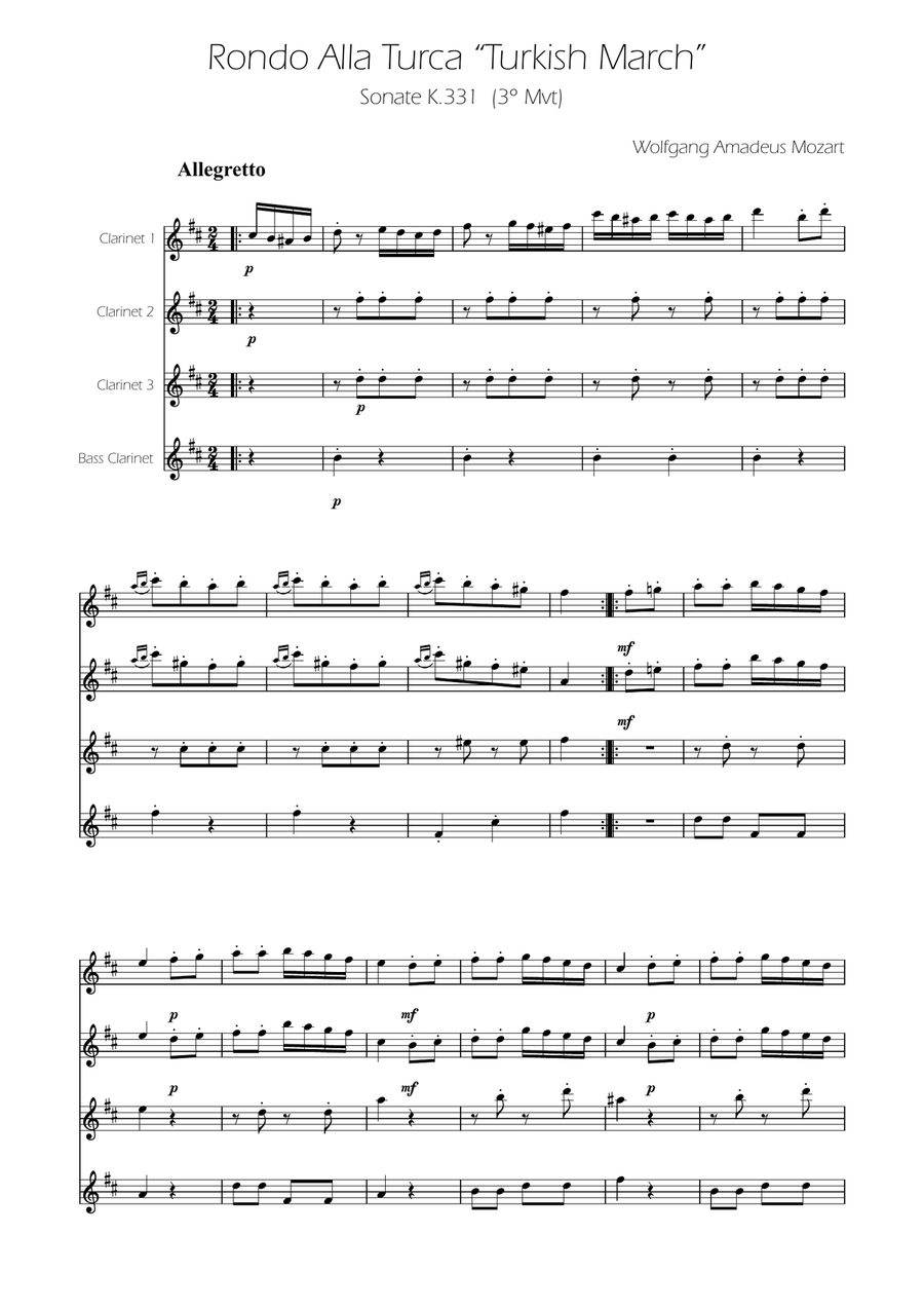 Turkish March - Clarinet Quartet Clarinet Quartet scores gallery preview page 1