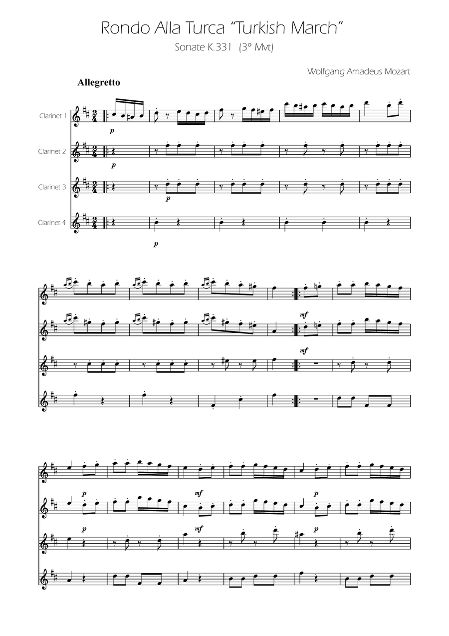 Turkish March - Clarinet Quartet Clarinet Quartet scores gallery preview page 1