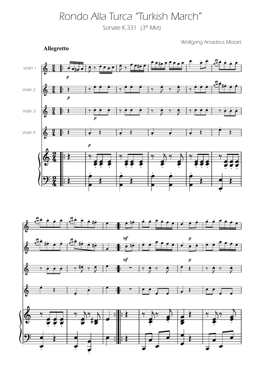 Turkish March - Violin Quartet String Quartet scores gallery preview page 1