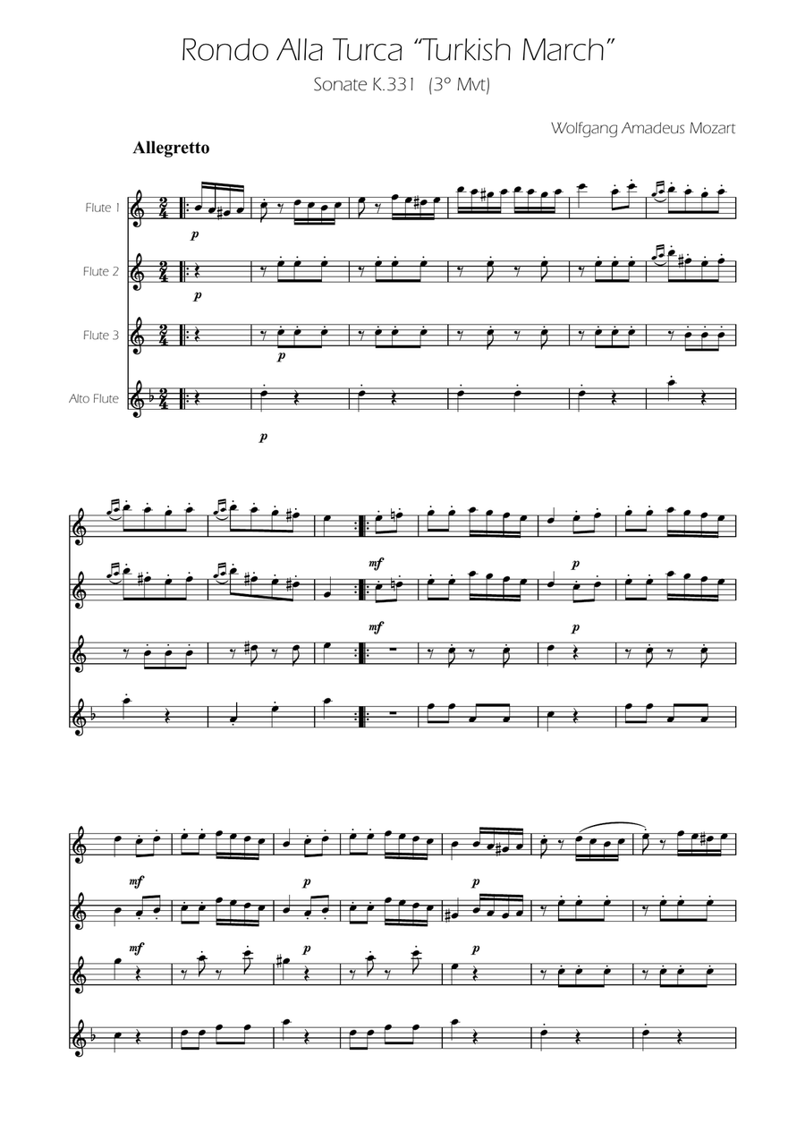 Turkish March - Flute Quartet Flute Quartet scores gallery preview page 1
