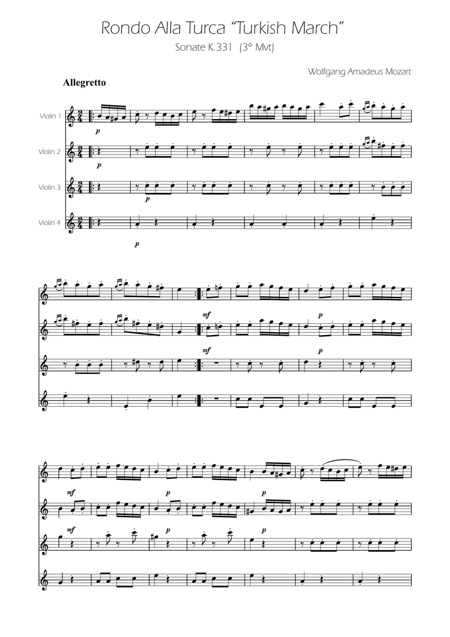 Turkish March - Violin Quartet String Quartet scores gallery preview page 1