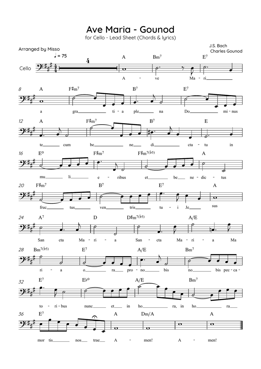 Ave Maria (Gounod) - Cello in A Major - Beginner/Easy Lead Sheet Cello Solo scores gallery preview page 1