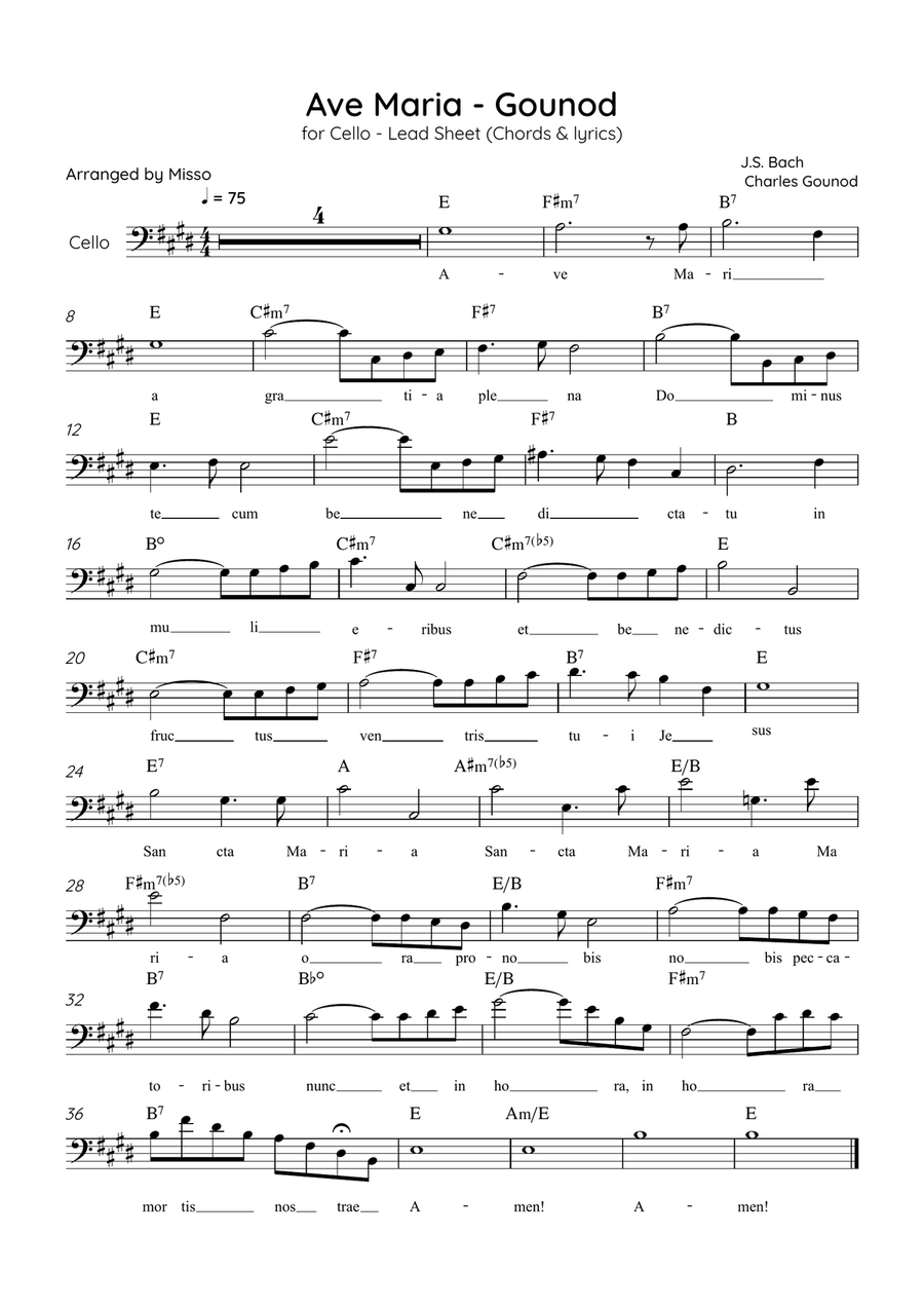 Ave Maria (Gounod) - Cello in E Major - Beginner/Easy Lead Sheet Cello Solo scores gallery preview page 1