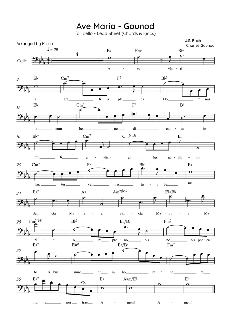 Ave Maria (Gounod) - Cello in Eb Major - Beginner/Easy Lead Sheet Cello Solo scores gallery preview page 1