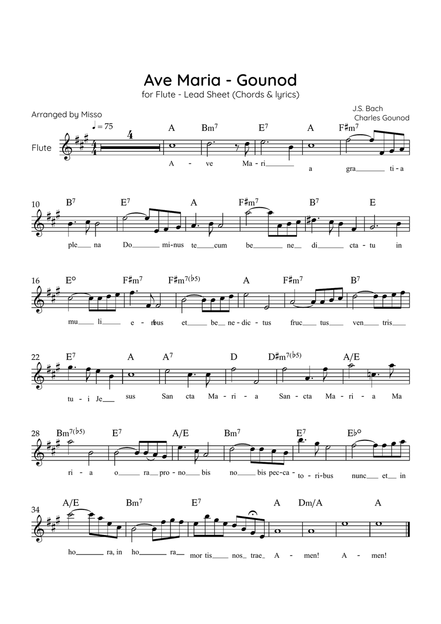 Ave Maria (Gounod) - Flute in A Major - Beginner/Easy Lead Sheet Flute Solo scores gallery preview page 1