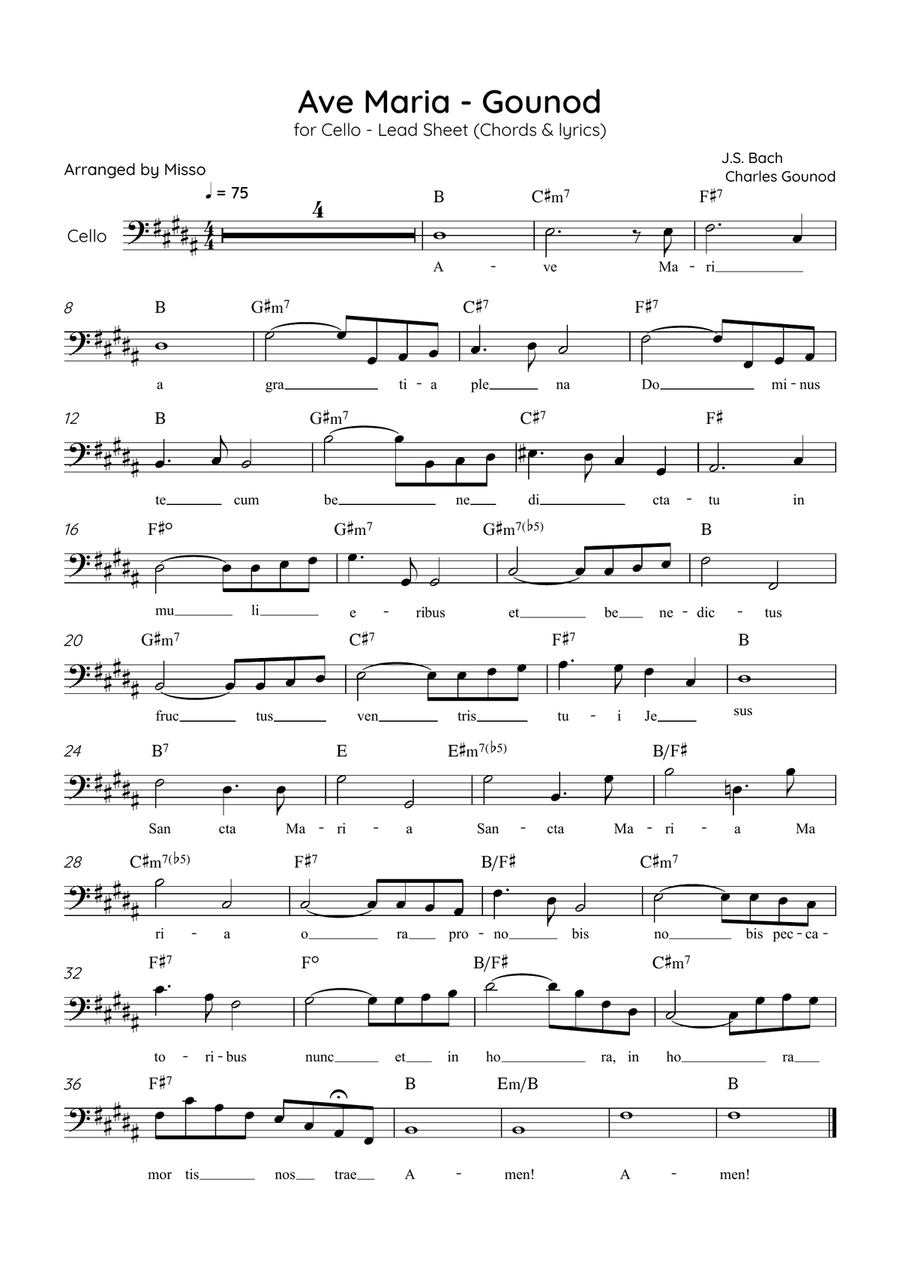 Ave Maria (Gounod) - Cello in B Major - Beginner/Easy Lead Sheet Cello Solo scores gallery preview page 1