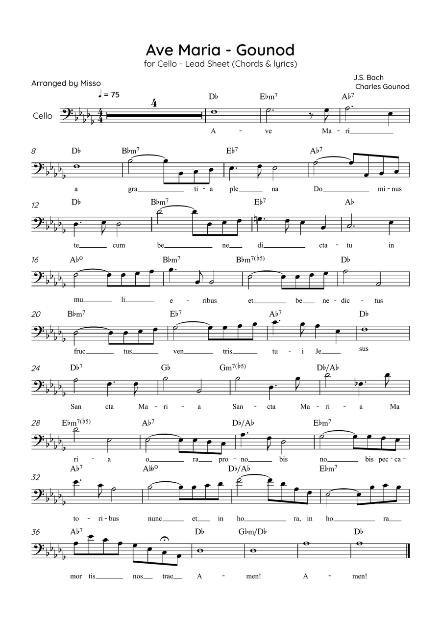 Ave Maria (Gounod) - Cello in Db Major - Beginner/Easy Lead Sheet Cello Solo scores gallery preview page 1