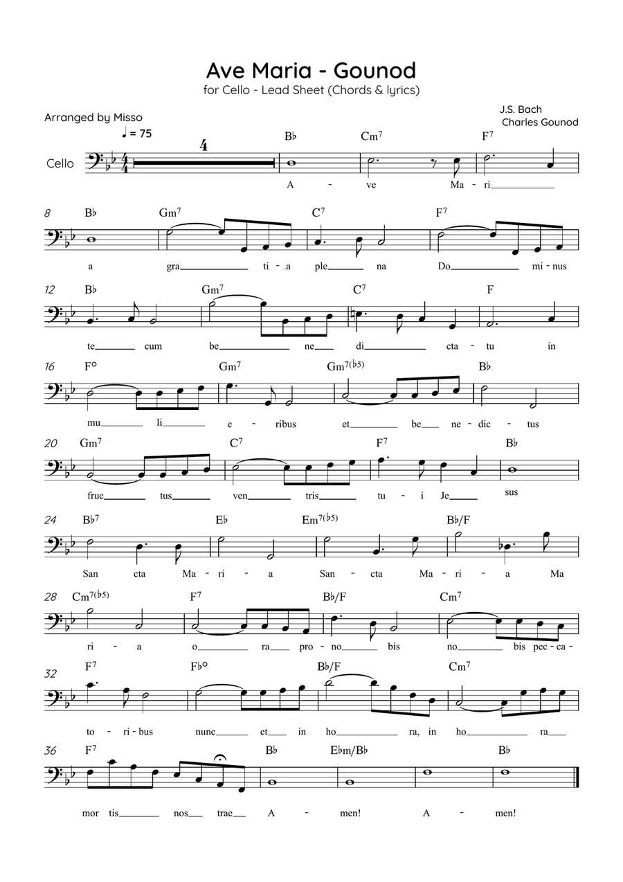 Ave Maria (Gounod) - Cello in Bb Major - Beginner/Easy Lead Sheet Cello Solo scores gallery preview page 1