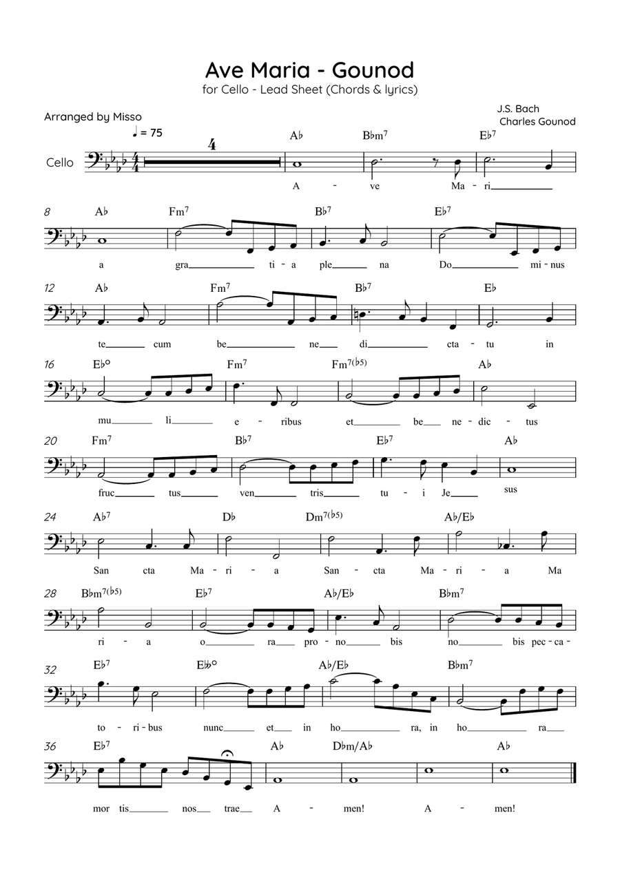 Ave Maria (Gounod) - Cello in Ab Major - Beginner/Easy Lead Sheet Cello Solo scores gallery preview page 1