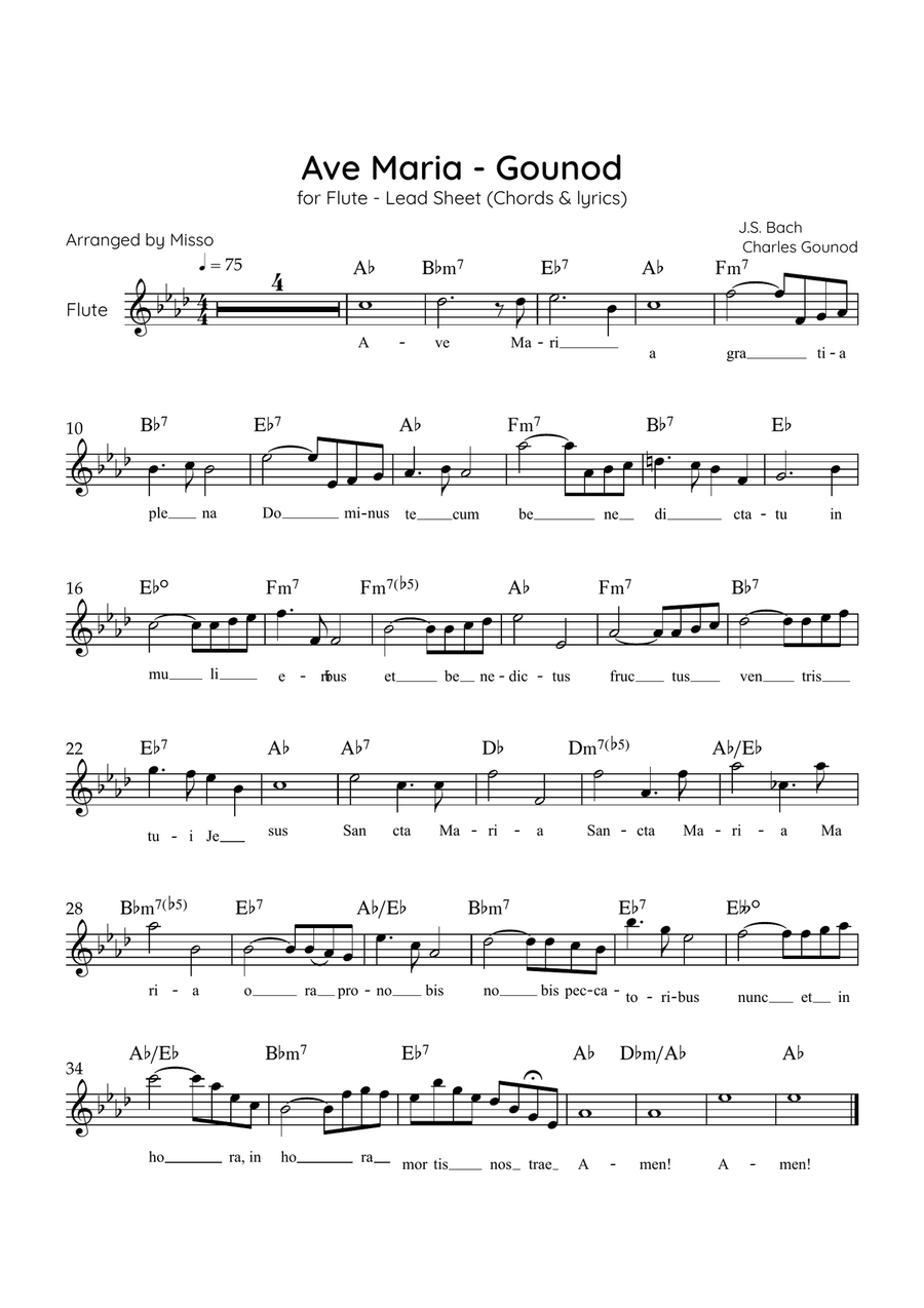 Ave Maria (Gounod) - Flute in Ab Major - Beginner/Easy Lead Sheet Flute Solo scores gallery preview page 1