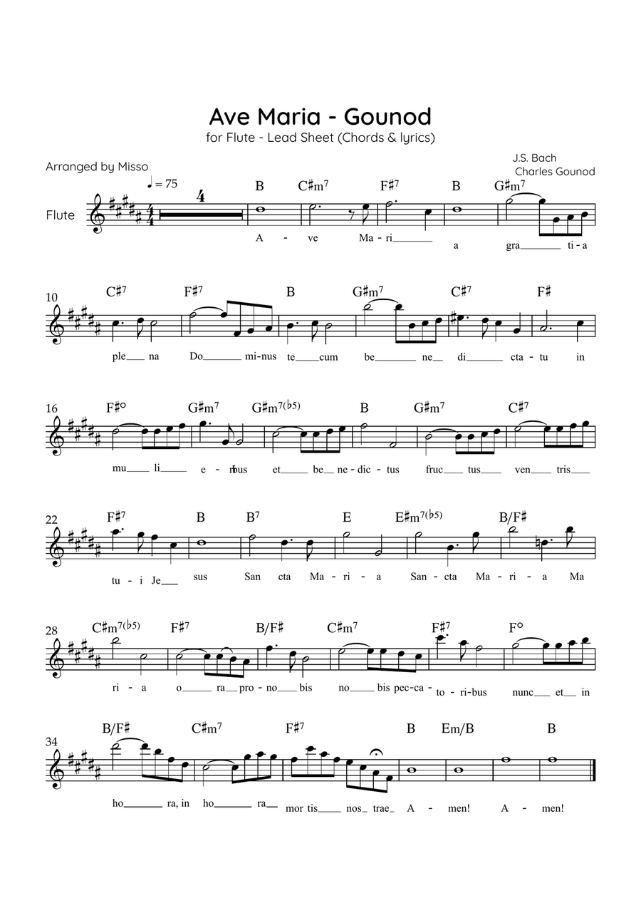 Ave Maria (Gounod) - Flute in B Major - Beginner/Easy Lead Sheet Flute Solo scores gallery preview page 1