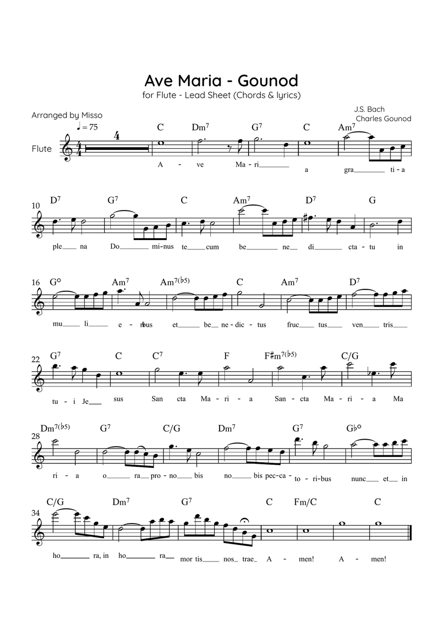 Ave Maria (Gounod) - Flute in C Major - Beginner/Easy Lead Sheet Flute Solo scores gallery preview page 1