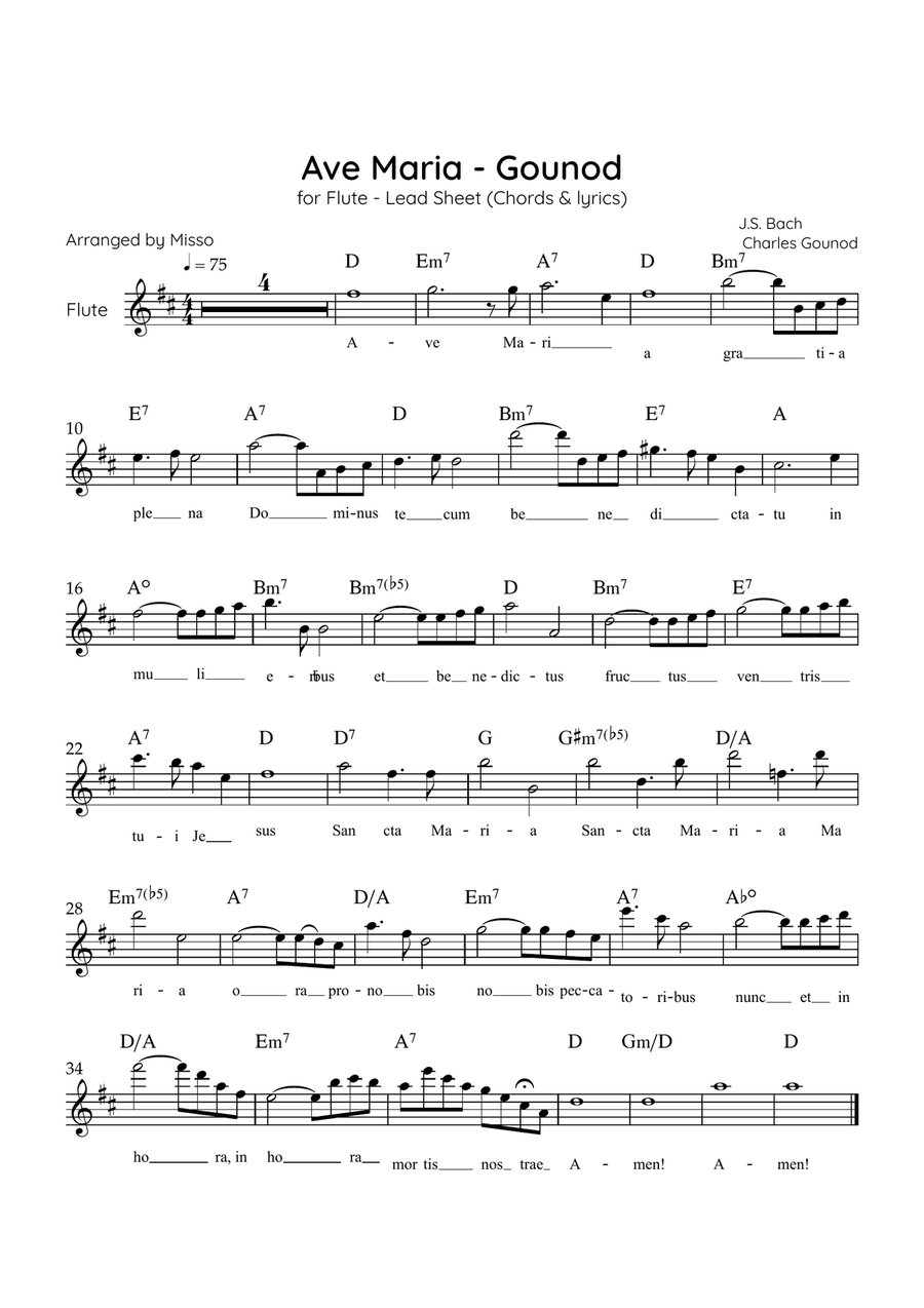 Ave Maria (Gounod) - Flute in D Major - Beginner/Easy Lead Sheet Flute Solo scores gallery preview page 1