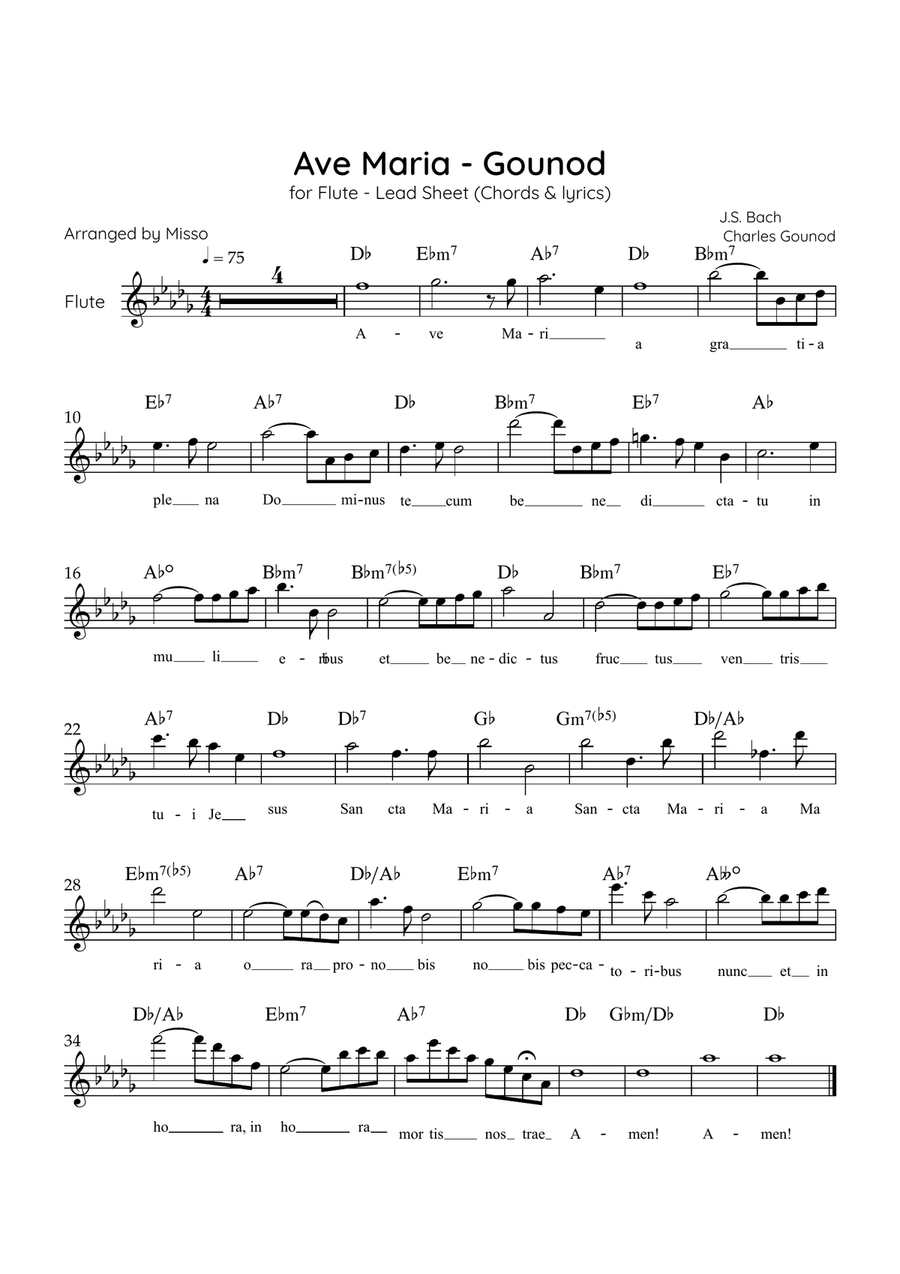 Ave Maria (Gounod) - Flute in Db Major - Beginner/Easy Lead Sheet Flute Solo scores gallery preview page 1