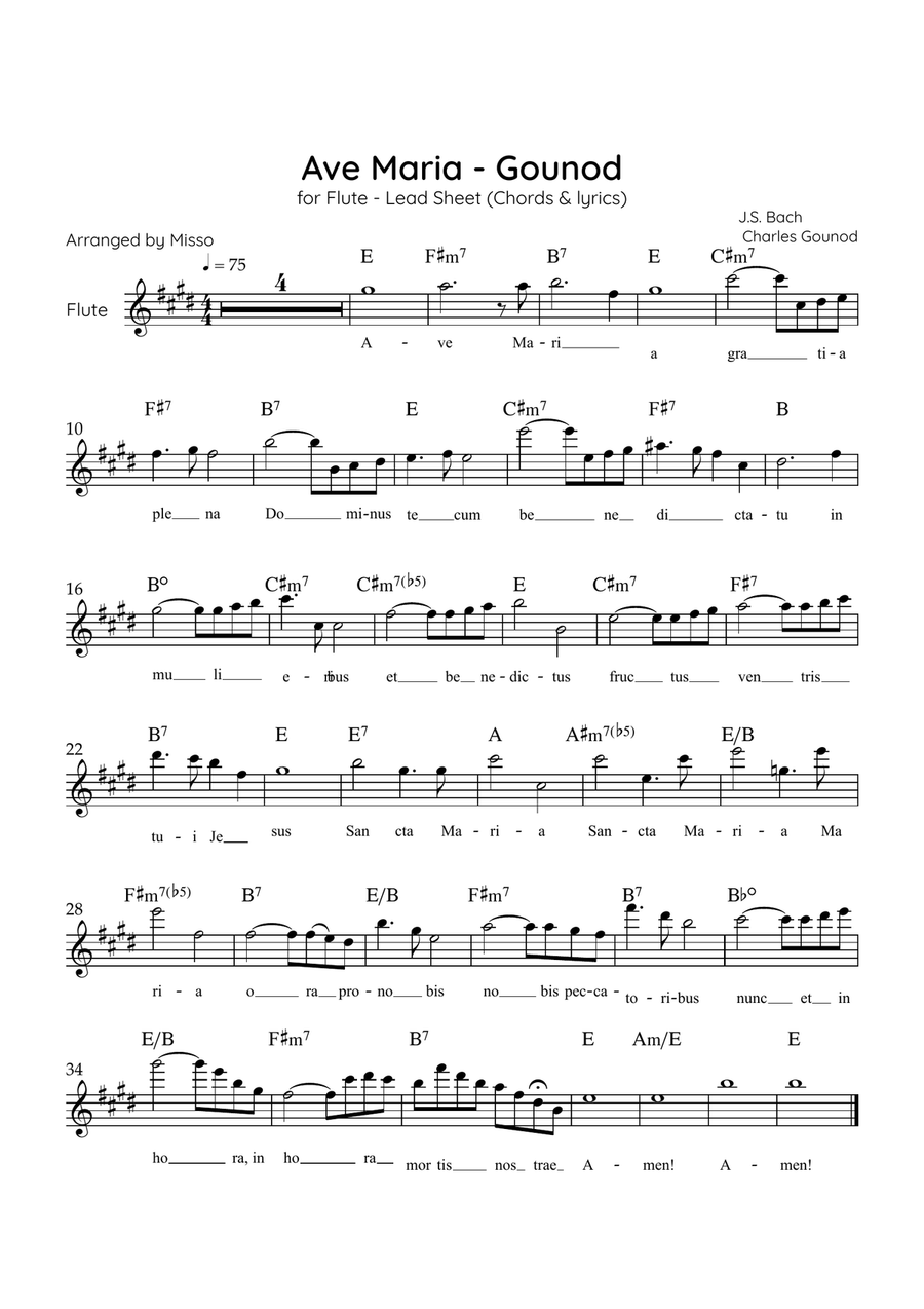 Ave Maria (Gounod) - Flute in E Major - Beginner/Easy Lead Sheet Flute Solo scores gallery preview page 1