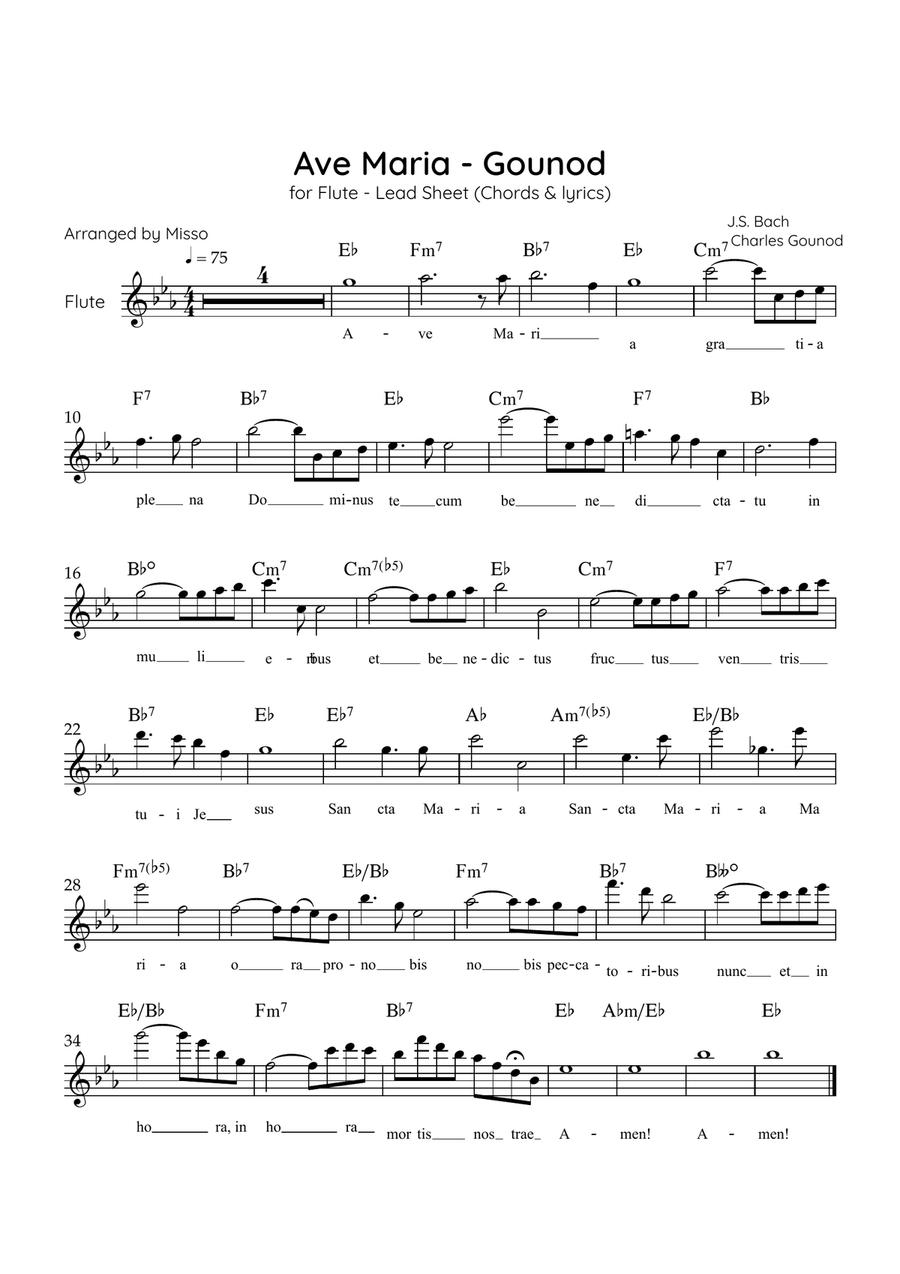 Ave Maria (Gounod) - Flute in Eb Major - Beginner/Easy Lead Sheet Flute Solo scores gallery preview page 1
