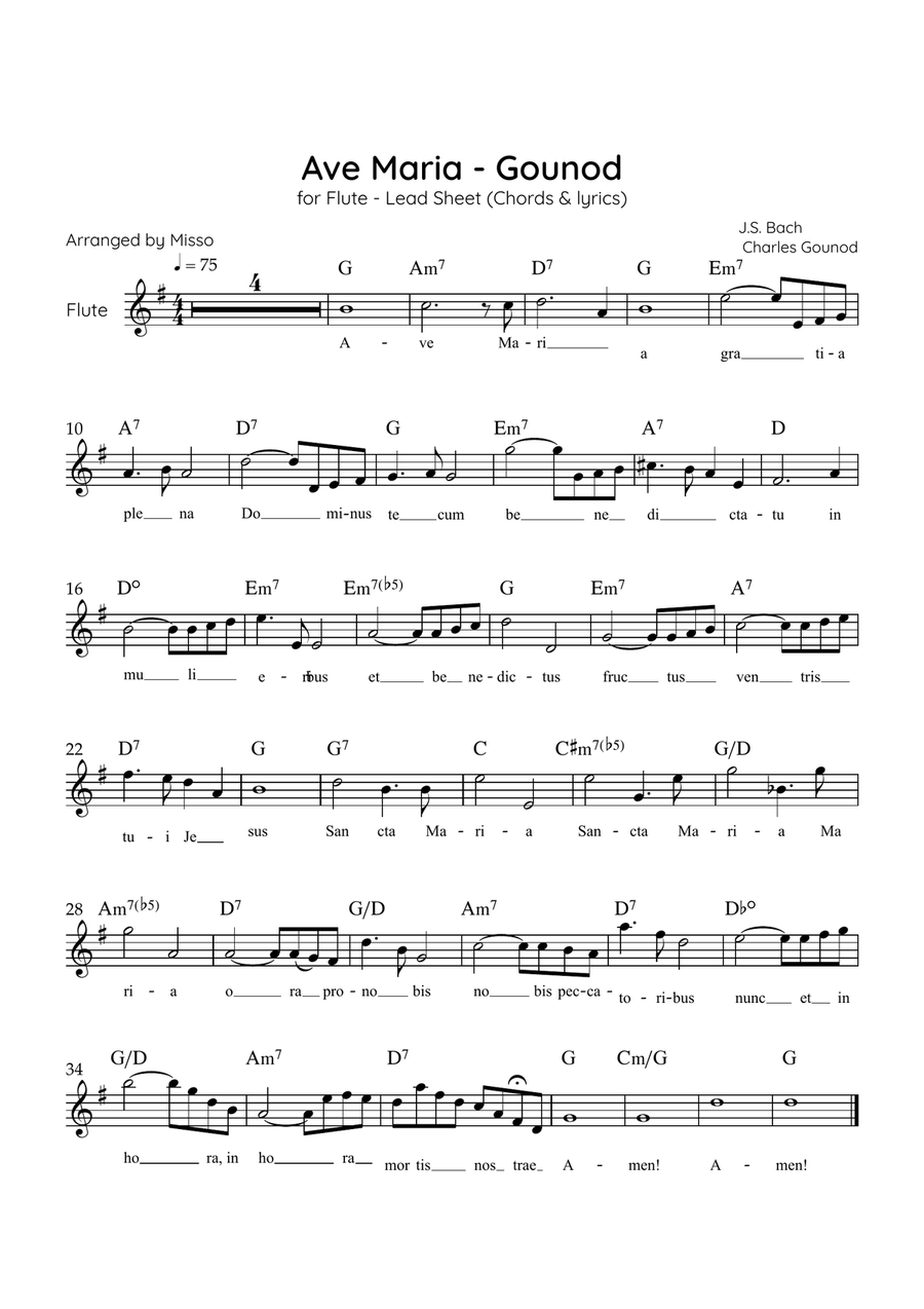Ave Maria (Gounod) - Flute in G Major - Beginner/Easy Lead Sheet Flute Solo scores gallery preview page 1