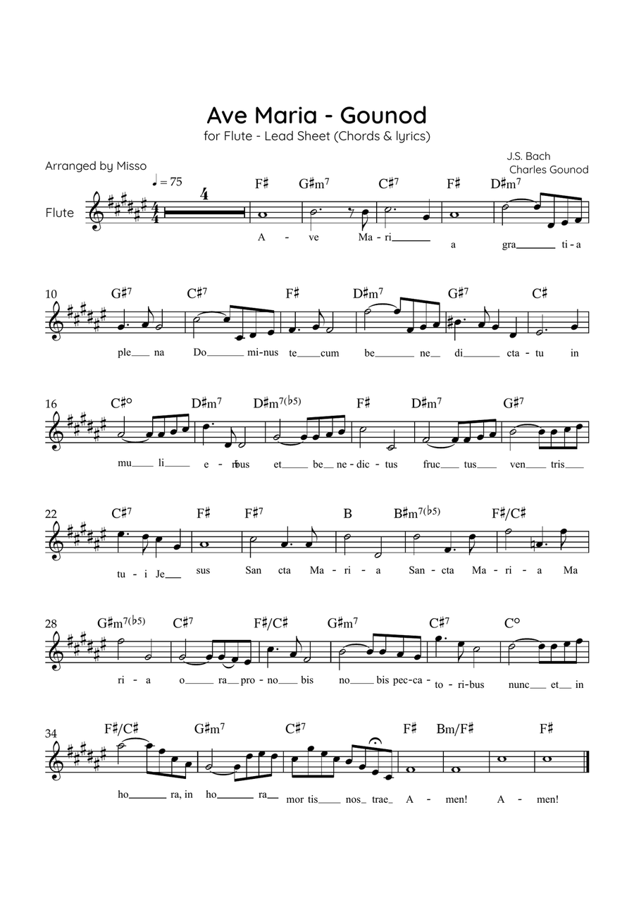 Ave Maria (Gounod) - Flute in F# Major - Beginner/Easy Lead Sheet Flute Solo scores gallery preview page 1