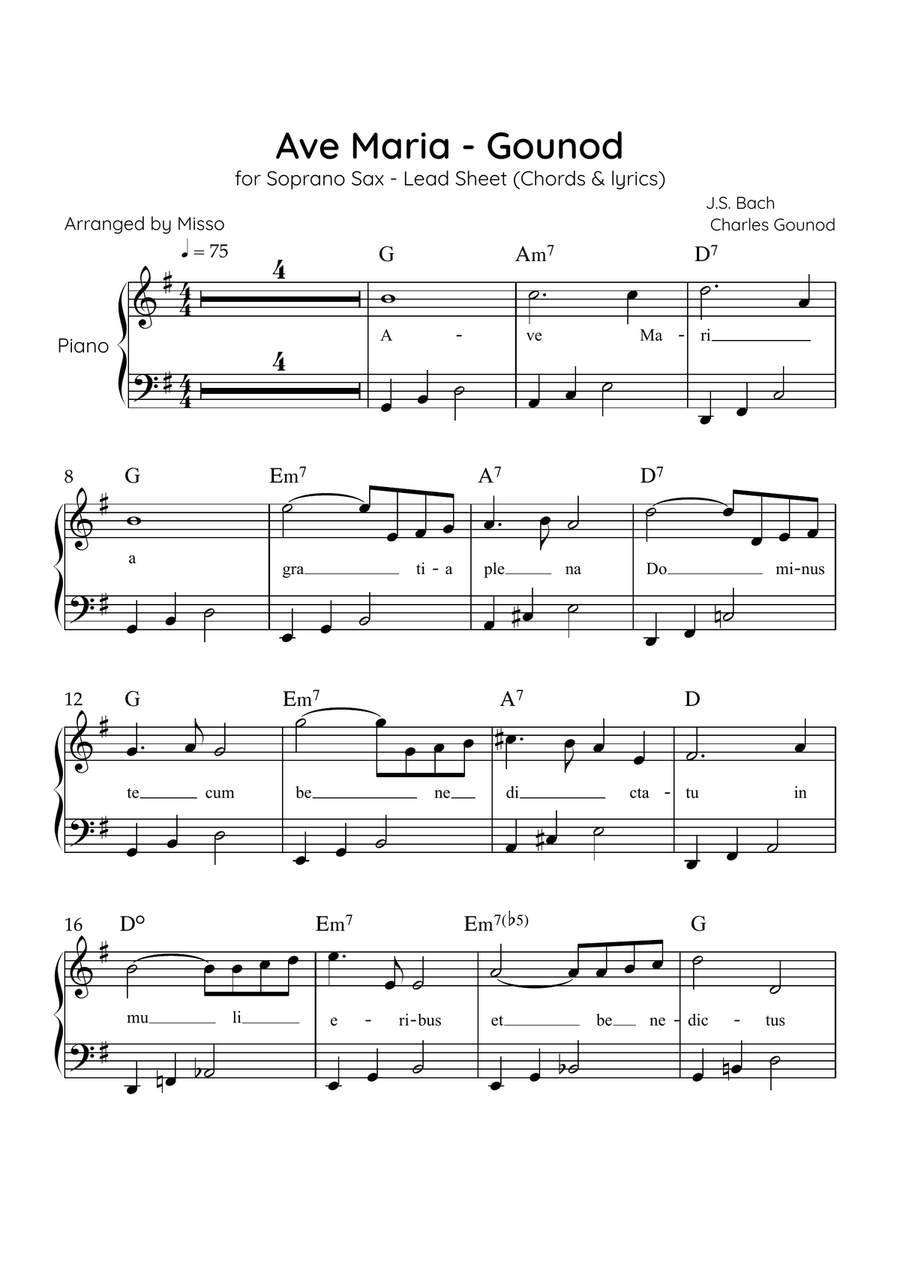 Ave Maria (Gounod) - Piano in G Major - Beginner/Easy Lead Sheet Easy Piano scores gallery preview page 1