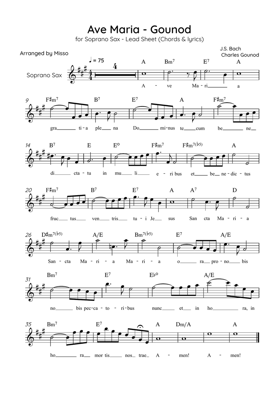 Ave Maria (Gounod) - Soprano Sax in A Major - Beginner/Easy Lead Sheet Soprano Saxophone scores gallery preview page 1
