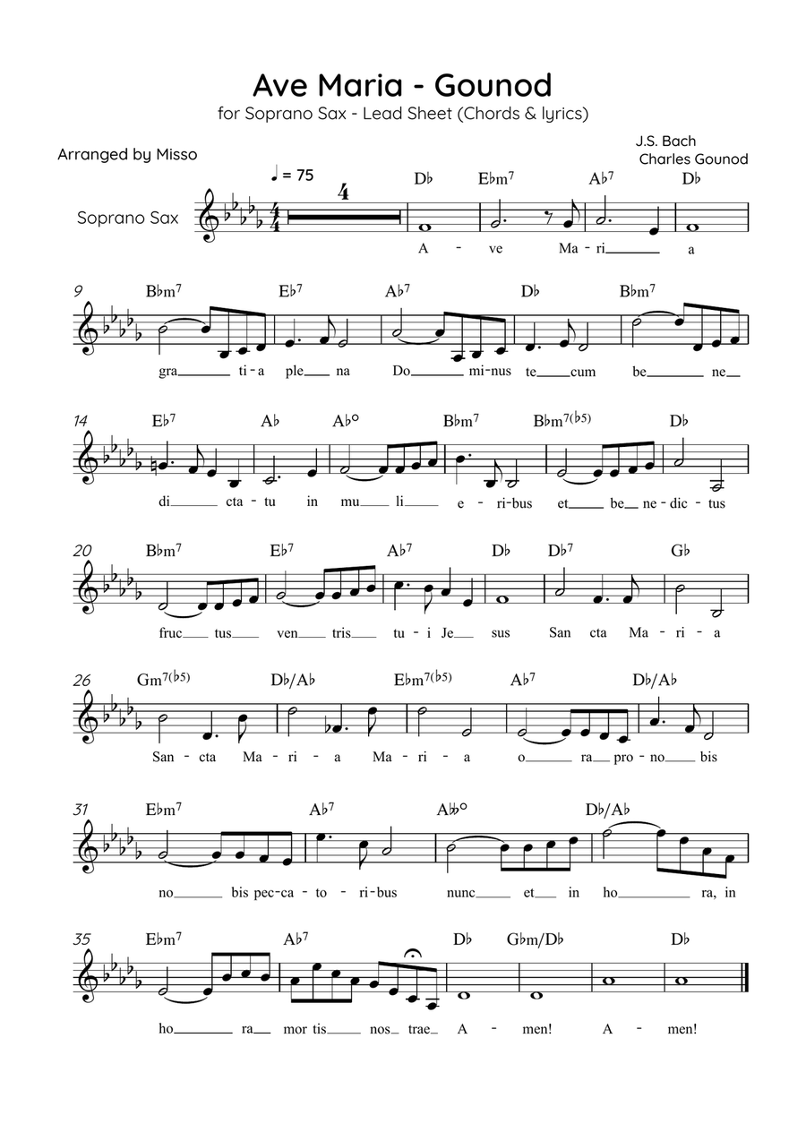 Ave Maria (Gounod) - Soprano Sax in Db Major - Beginner/Easy Lead Sheet Soprano Saxophone scores gallery preview page 1