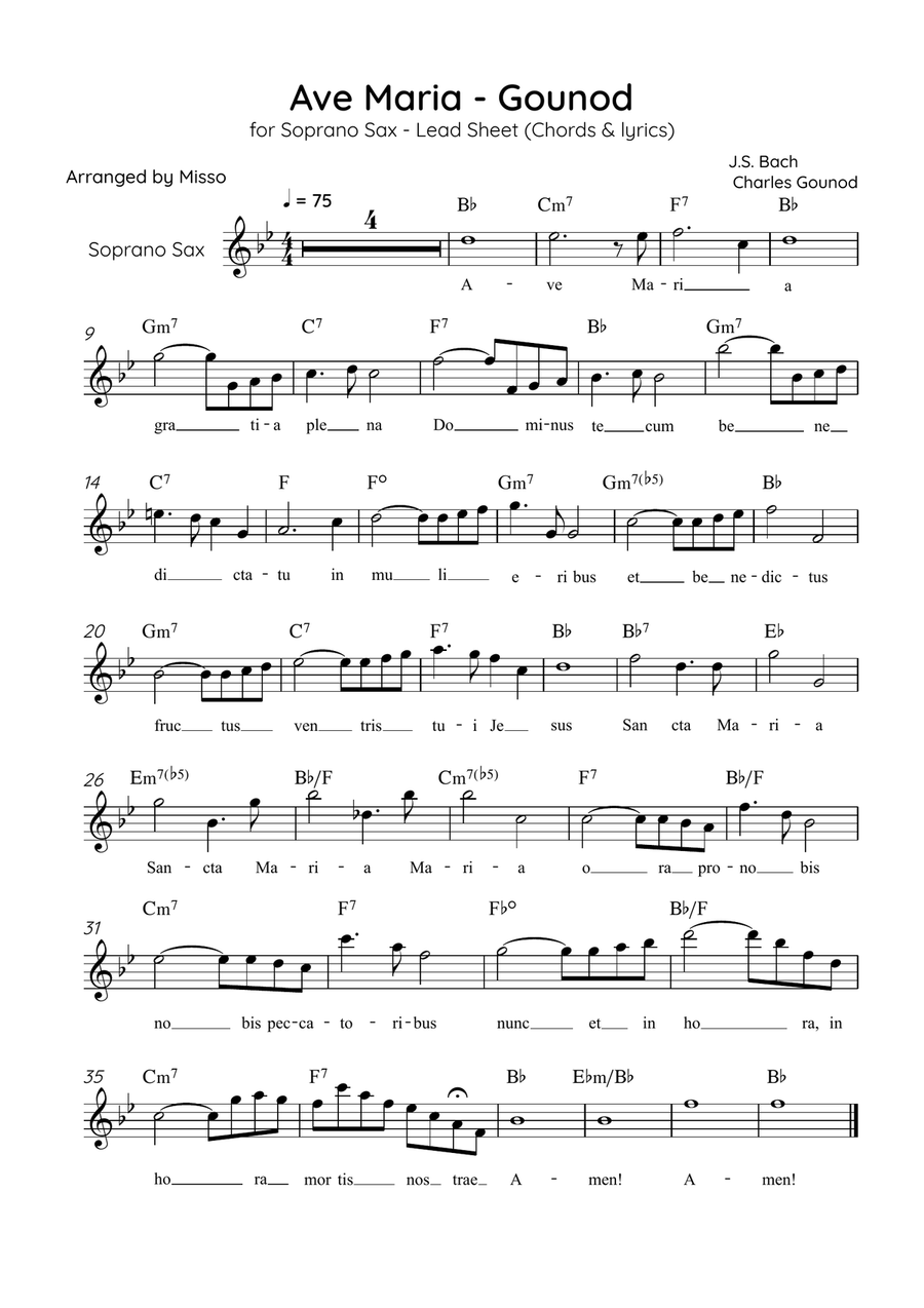 Ave Maria (Gounod) - Soprano Sax in Bb Major - Beginner/Easy Lead Sheet Soprano Saxophone scores gallery preview page 1