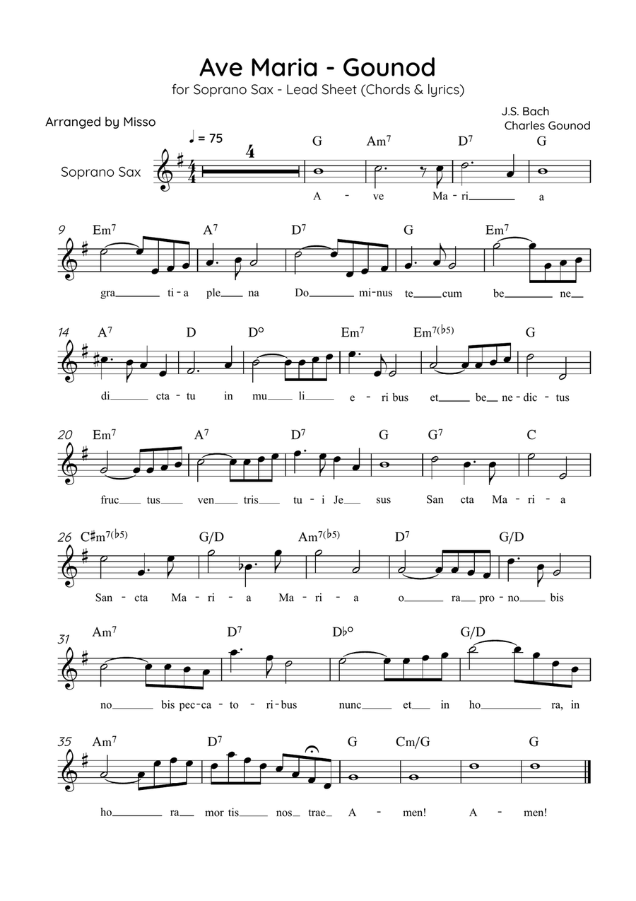 Ave Maria (Gounod) - Soprano Sax in G Major - Beginner/Easy Lead Sheet Soprano Saxophone scores gallery preview page 1