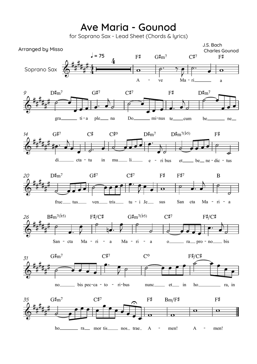 Ave Maria (Gounod) - Soprano Sax in F# Major - Beginner/Easy Lead Sheet Soprano Saxophone scores gallery preview page 1
