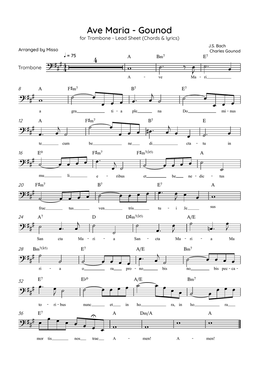 Ave Maria (Gounod) - Trombone in A Major - Beginner/Easy Lead Sheet Trombone Solo scores gallery preview page 1