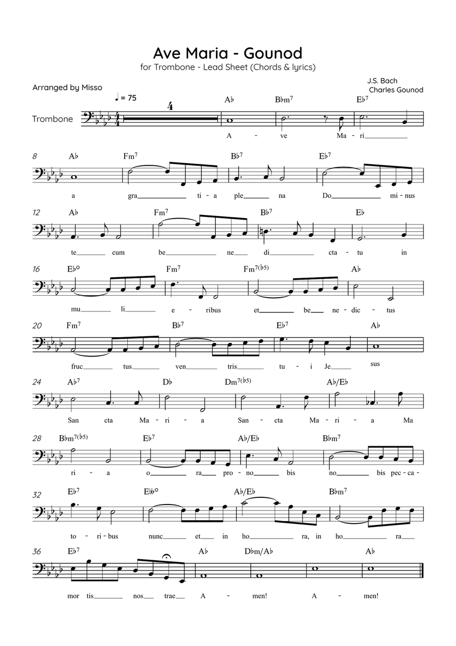 Ave Maria (Gounod) - Trombone in Ab Major - Beginner/Easy Lead Sheet Trombone Solo scores gallery preview page 1