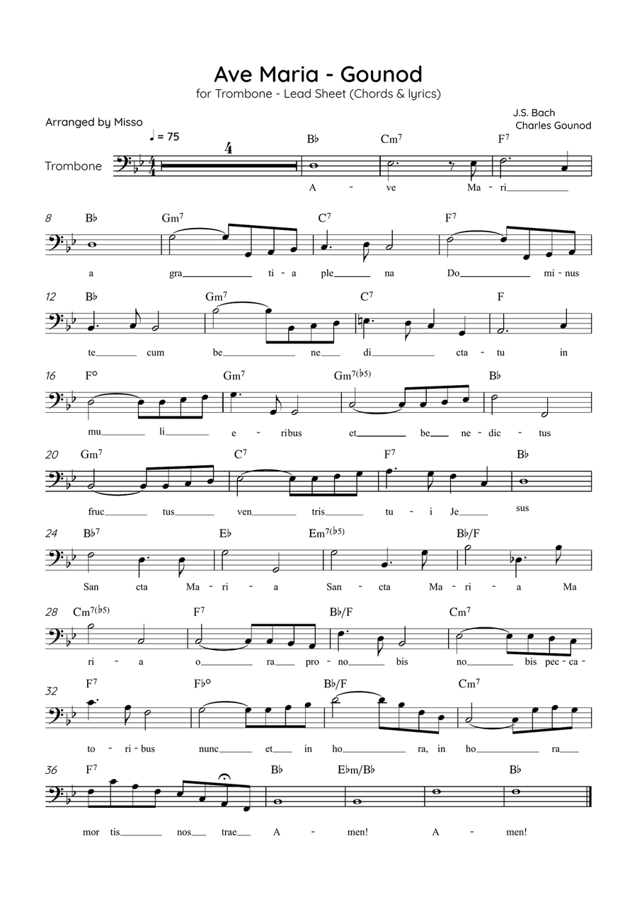 Ave Maria (Gounod) - Trombone in Bb Major - Beginner/Easy Lead Sheet Trombone Solo scores gallery preview page 1