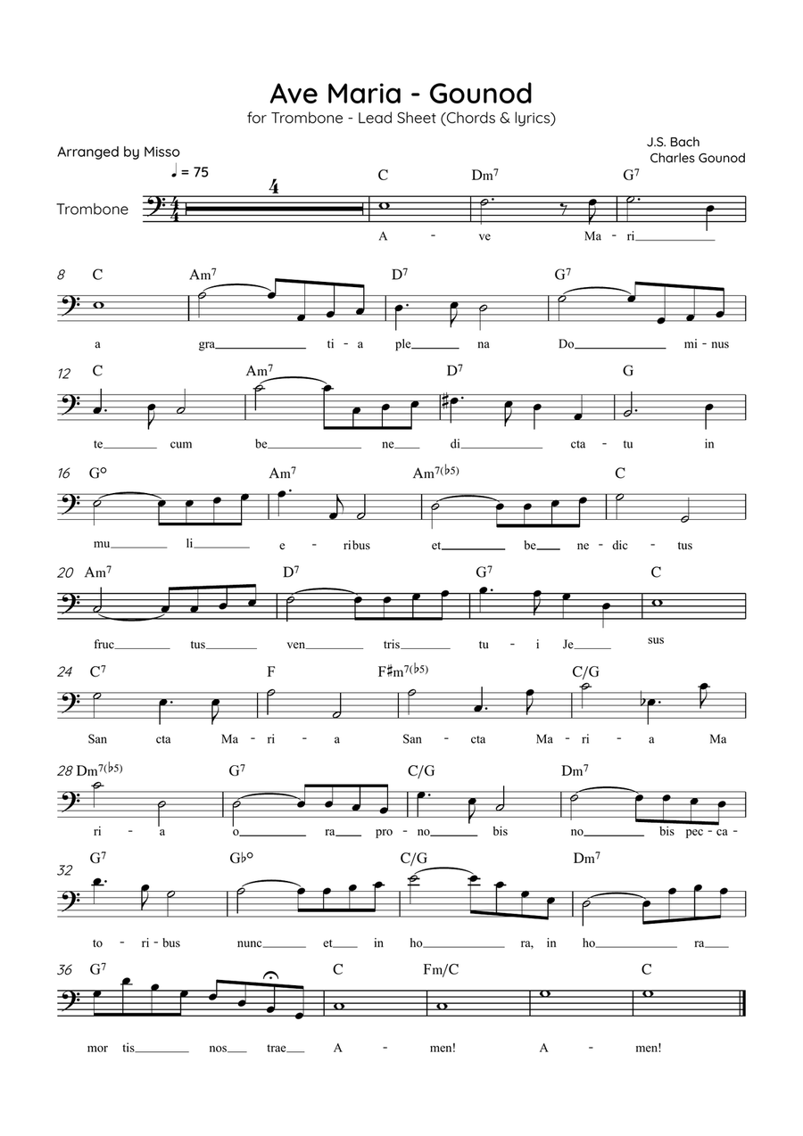 Ave Maria (Gounod) - Trombone in C Major - Beginner/Easy Lead Sheet Trombone Solo scores gallery preview page 1