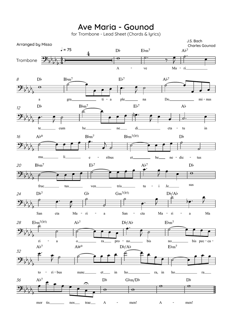 Ave Maria (Gounod) - Trombone in Db Major - Beginner/Easy Lead Sheet Trombone Solo scores gallery preview page 1