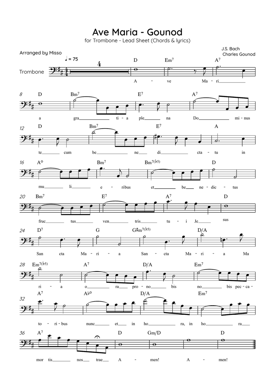 Ave Maria (Gounod) - Trombone in D Major - Beginner/Easy Lead Sheet Trombone Solo scores gallery preview page 1